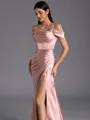 Classy Sheath Cold Shoulder Pleated Sweep Train Silk like Satin Corset Bridesmaid Dress