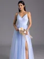 Polished A-line V-Neck Pleated Floor-Length Tulle Bridesmaid Dress