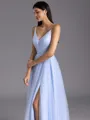 Polished A-line V-Neck Pleated Floor-Length Tulle Bridesmaid Dress