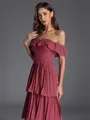 Pretty A-line Off-the-Shoulder Cascading Ruffles Floor-Length Chiffon Bridesmaid Dress