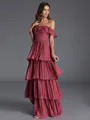 Pretty A-line Off-the-Shoulder Cascading Ruffles Floor-Length Chiffon Bridesmaid Dress