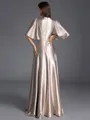 Glam A-line V-Neck 1/2 Sleeves Pleated Floor-Length Silk Like Satin Dress