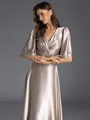 Glam A-line V-Neck 1/2 Sleeves Pleated Floor-Length Silk Like Satin Dress