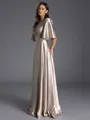 Glam A-line V-Neck 1/2 Sleeves Pleated Floor-Length Silk Like Satin Dress
