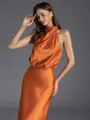 Charming Sheath Halter Pleated Tea-Length Silk Like Satin Bridesmaid Dress
