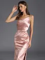Delicate Sheath One-Shoulder Pleated Tea-Length Silk like Satin Bridesmaid Dress