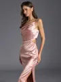 Delicate Sheath One-Shoulder Pleated Tea-Length Silk like Satin Bridesmaid Dress