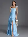Hot A-line Square Cascading Ruffles Floor-Length Chiffon Corset Bridesmaid Dress