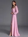 Delicate A-line Square Long Sleeves Bow Floor-Length Chiffon Bridesmaid Dress