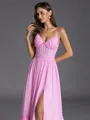 Exquisite A-line V-Neck Ruffles Floor-Length Chiffon Corset Bridesmaid Dress