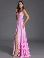 Exquisite A-line V-Neck Ruffles Floor-Length Chiffon Corset Bridesmaid Dress