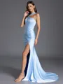 Breathtaking Sheath Halter Pleated Sweep Train Charmeuse Bridesmaid Dress