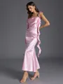 Graceful Sheath Straps Ruffles Ankle-Length Silk like Satin Bridesmaid Dress