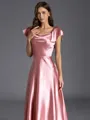 Aristocratic A-line Square Short Sleeves Floor-Length Silk like Satin Bridesmaid Dress