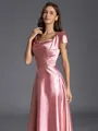 Aristocratic A-line Square Short Sleeves Floor-Length Silk like Satin Bridesmaid Dress