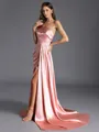 Splendiferous Sheath One-Shoulder Pleated Sweep Train Silk like Satin Bridesmaid Dress