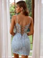 Sheath Tight V-neck Tulle Corset Short/Mini Homecoming Dress With Appliques Lace