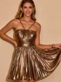 Princess A-line Halter Metallic Satin Short/Mini Homecoming Dress With Pleated