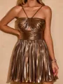 Princess A-line Halter Metallic Satin Short/Mini Homecoming Dress With Pleated