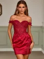 Minimalist Sheath Off-the-Shoulder Silk like Satin Corset Short/Mini Homecoming Dress With Appliques Lace