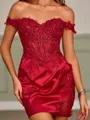 Minimalist Sheath Off-the-Shoulder Silk like Satin Corset Short/Mini Homecoming Dress With Appliques Lace