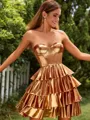 A-line Charming Sweetheart Metallic Satin Short/Mini Homecoming Dress With Cascading Ruffles