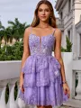 A-line Princess Spaghetti Straps Lace Corset Short/Mini Homecoming Dress With Appliques Lace
