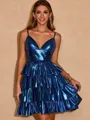 A-line Princess V-neck Metallic Satin Short/Mini Homecoming Dress With Cascading Ruffles