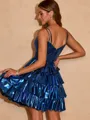 A-line Princess V-neck Metallic Satin Short/Mini Homecoming Dress With Cascading Ruffles