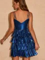 A-line Princess V-neck Metallic Satin Short/Mini Homecoming Dress With Cascading Ruffles