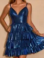 A-line Princess V-neck Metallic Satin Short/Mini Homecoming Dress With Cascading Ruffles