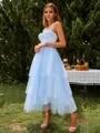 A-line Glam Straps Tulle Corset Tea-Length Homecoming Dress With Cascading Ruffles