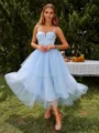 A-line Glam Straps Tulle Corset Tea-Length Homecoming Dress With Cascading Ruffles