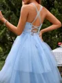 A-line Glam Straps Tulle Corset Tea-Length Homecoming Dress With Cascading Ruffles