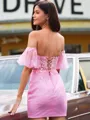 Charming Sheath Sweetheart Short Sleeves Appliques Lace Short/Mini Sequins Corset Homecoming Dress