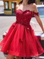 Unique A-line Off-the-Shoulder Appliques Lace Short/Mini Tulle Homecoming Dress