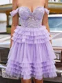 Flowing A-line Off-the-Shoulder Appliques Lace Short/Mini Tulle Corset Homecoming Dress