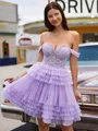 Flowing A-line Off-the-Shoulder Appliques Lace Short/Mini Tulle Corset Homecoming Dress