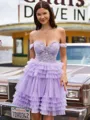 Flowing A-line Off-the-Shoulder Appliques Lace Short/Mini Tulle Corset Homecoming Dress