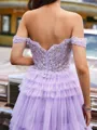 Flowing A-line Off-the-Shoulder Appliques Lace Short/Mini Tulle Corset Homecoming Dress