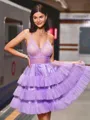 Simple A-line V-Neck Cascading Ruffles Short/Mini Tulle Homecoming Dress