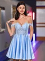Exquisite A-line Off-the-Shoulder Appliques Lace Short/Mini Satin Homecoming Dress