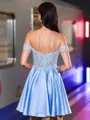 Exquisite A-line Off-the-Shoulder Appliques Lace Short/Mini Satin Homecoming Dress