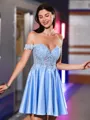 Exquisite A-line Off-the-Shoulder Appliques Lace Short/Mini Satin Homecoming Dress