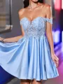 Exquisite A-line Off-the-Shoulder Appliques Lace Short/Mini Satin Homecoming Dress