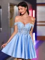 Exquisite A-line Off-the-Shoulder Appliques Lace Short/Mini Satin Homecoming Dress