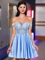 Exquisite A-line Off-the-Shoulder Appliques Lace Short/Mini Satin Homecoming Dress