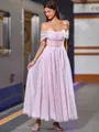 Elegant A-line Off-the-Shoulder Pleated Ankle-Length Corset Homecoming Dress