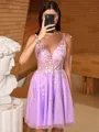 Trendy A-line V-Neck Appliques Lace Short/Mini Tulle Corset Homecoming Dress