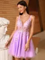 Trendy A-line V-Neck Appliques Lace Short/Mini Tulle Corset Homecoming Dress